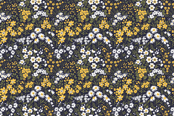Vintage floral pattern in small abstract flowers. Small yellow and  white flowers. Dark blue background. Ditsy print. Floral seamless background. Elegant template for fashion prints. Stock.