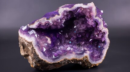 Vibrant purple amethyst geode rock, sparkling and lustrous crystals inside with striking textures and natural patterns Generative AI - obrazy, fototapety, plakaty