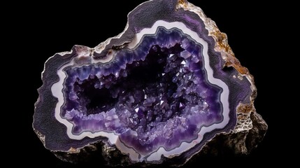 Vibrant purple amethyst geode rock, sparkling and lustrous crystals inside with striking textures and natural patterns Generative AI - obrazy, fototapety, plakaty