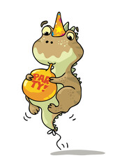 Cute dinosaur trying to blow up balloon