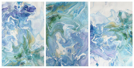 Art flow pour acrylic and watercolor marble blot painting. Interior abstract triptych wall. Color...