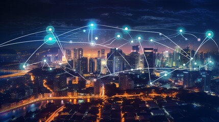 Fototapeta na wymiar Cityscape with connecting dot technology of smart city conceptual Generative AI