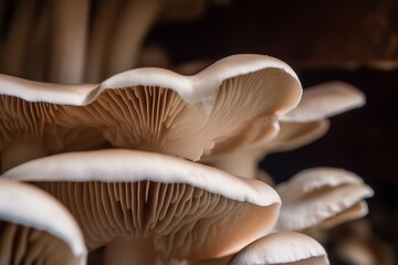 Close up of cultivated blue oyster mushrooms growing in fungi farm Generative AI