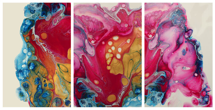 Art flow pour acrylic and watercolor marble blot painting. Interior abstract triptych wall. Color wave texture background.