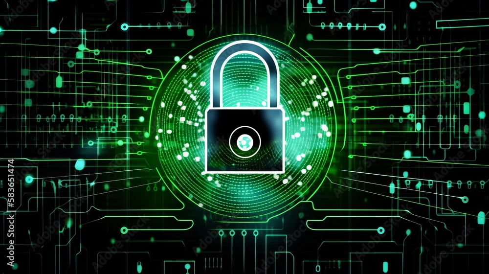 Fototapete padlock with keyhole in data security on converging point of circuit. cyber data and information pri
