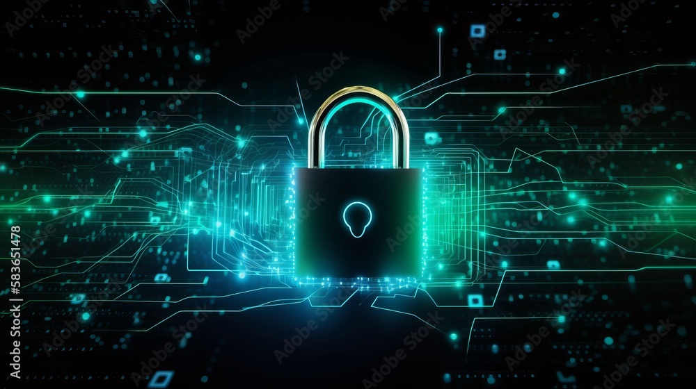 Fototapete padlock with keyhole in data security on converging point of circuit. cyber data and information pri