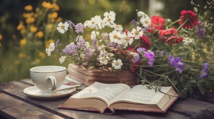 Obraz na płótnie Canvas flowers bouqet in cup and old books on table in garden. rustic summer natural background. concept of reading Generative AI