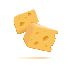 Realistic 3D image of pieces of cheese on a white background. Fresh farm natural food product. Ingredient for kitchen, restaurants, menus, advertising.