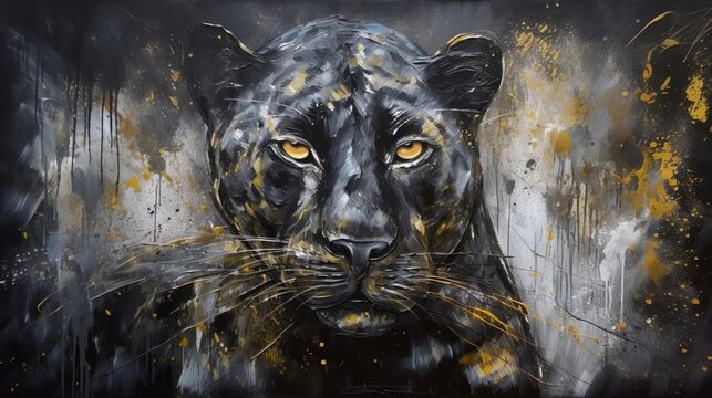 luxury abstract modern painting of black panther with golden texture Generative AI