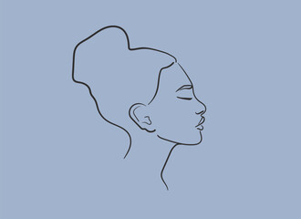 Line drawing of a woman's face on a blue background. Lady face profile outline. Design for cosmetics
