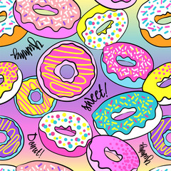 Vector seamless pattern with colorful donuts with rainbow background.
