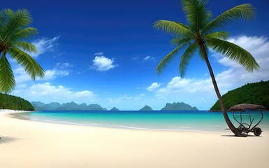 Empty beach with blue water, sky, palm tree and clouds