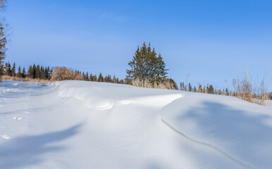 Farmland field edge with snowdrift in winter season with blue sky background