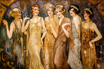 AI generated vintage poster artwork of a group of young women dressed in 1920s art deco, Gatsby style, outfits. AI generated content, no recognizable person