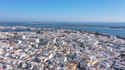 Aerial view of Portuguese fishing tourist town of Olhao overlooking Ria Formosa Marine Park.