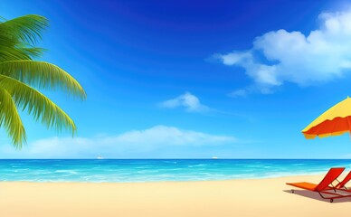 Fototapeta na wymiar Empty beach with blue water, sky, palm tree and clouds