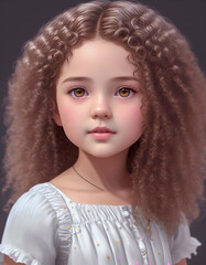 Fototapeta premium portrait of a small girl with beautiful hair style, painting style, art Illustration, Generative AI