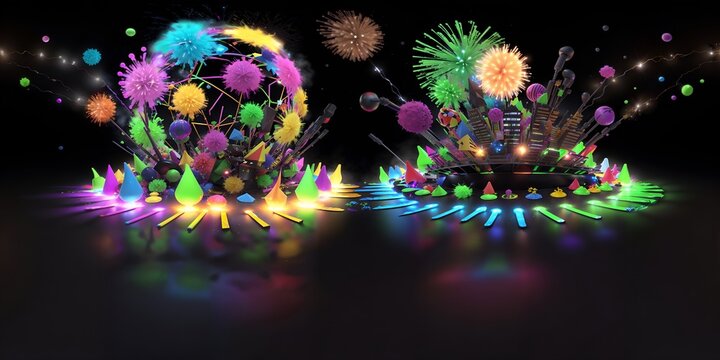 Photo of 3D rendered fireworks exploding against a black background