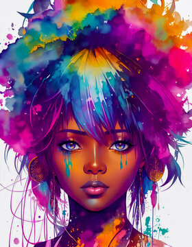 portrait of a woman with colorful hair style, painting style, art Illustration, Generative AI © MaggooArts