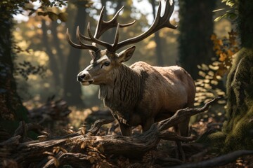 Naklejka na ściany i meble A royal deer with big antlers in the woods. AI generated