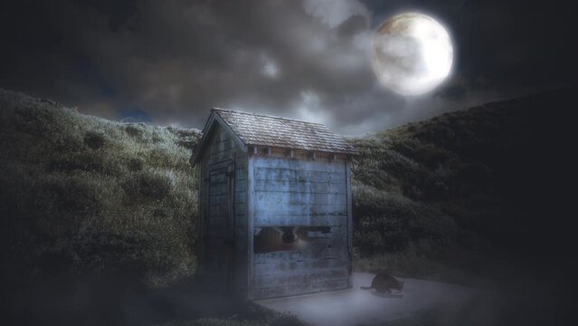 Spooky Hut Wicked Moonlight Mist Lurking Eye Shadow Zoom In. Creepy wooden hut with a lurking eye inside on a misty mountain under a full moon in the sky