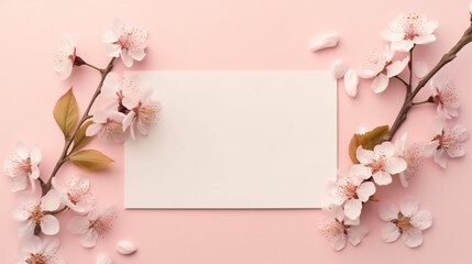 Fototapeta na wymiar pink cherry blossom on wooden border background , blank space for photo frame, Generative ai