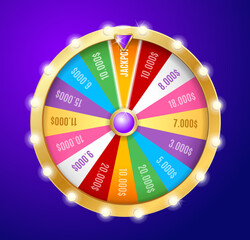 Realistic Detailed 3d Casino Fortune Spinning Wheel Symbol of Success Game Gamble Jackpot Concept. Vector illustration