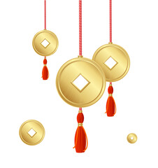 Realistic Detailed 3d Hanging Asian Lucky Coins with Tassels. Vector illustration of Good Luck and Success Concept - 583653639