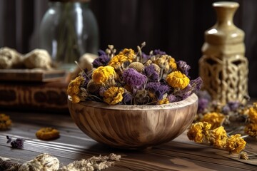 Room decor dried yellow and violet flowers with copy space. Text ad space. Boho chic house decor. Boho holiday picture zone. Concentration. Generative AI
