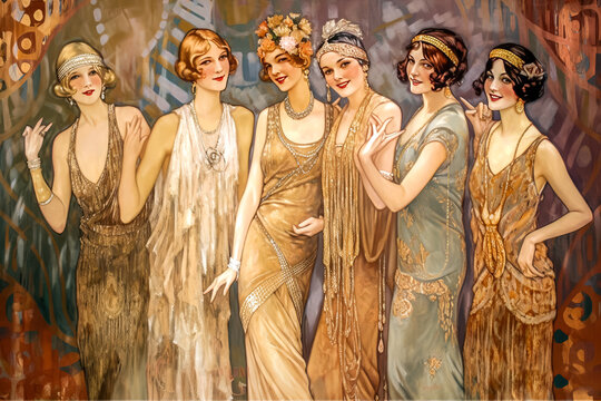 AI generated vintage poster artwork of a group of young women dressed in 1920s art deco, Gatsby style, outfits. AI generated content, no recognizable person