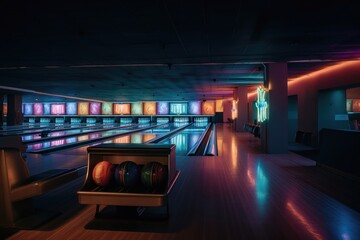 Bowling alley neon lights. AI generated - obrazy, fototapety, plakaty