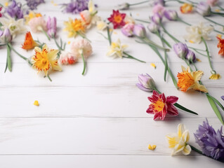 Naklejka na ściany i meble Colorful spring flowers on white wooden table, created with generative AI