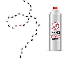 Black Ant Road Trail and Realistic Detailed 3d Mosquito Insect Repellent Bottle. Vector illustration of Insecticide Spray Aerosol