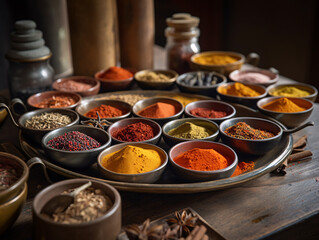 Assortment of various colorful spices in cups, created with generative AI