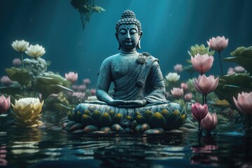 Buddha statue in the water with lotuses. AI generated - obrazy, fototapety, plakaty
