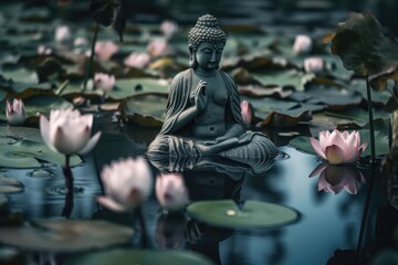 Fototapeta na wymiar Buddha statue in the water with lotuses. AI generated