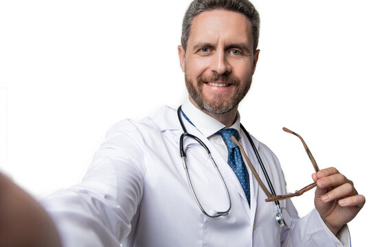medical man do selfie on background. photo of medical man doctor. medical man isolated on white