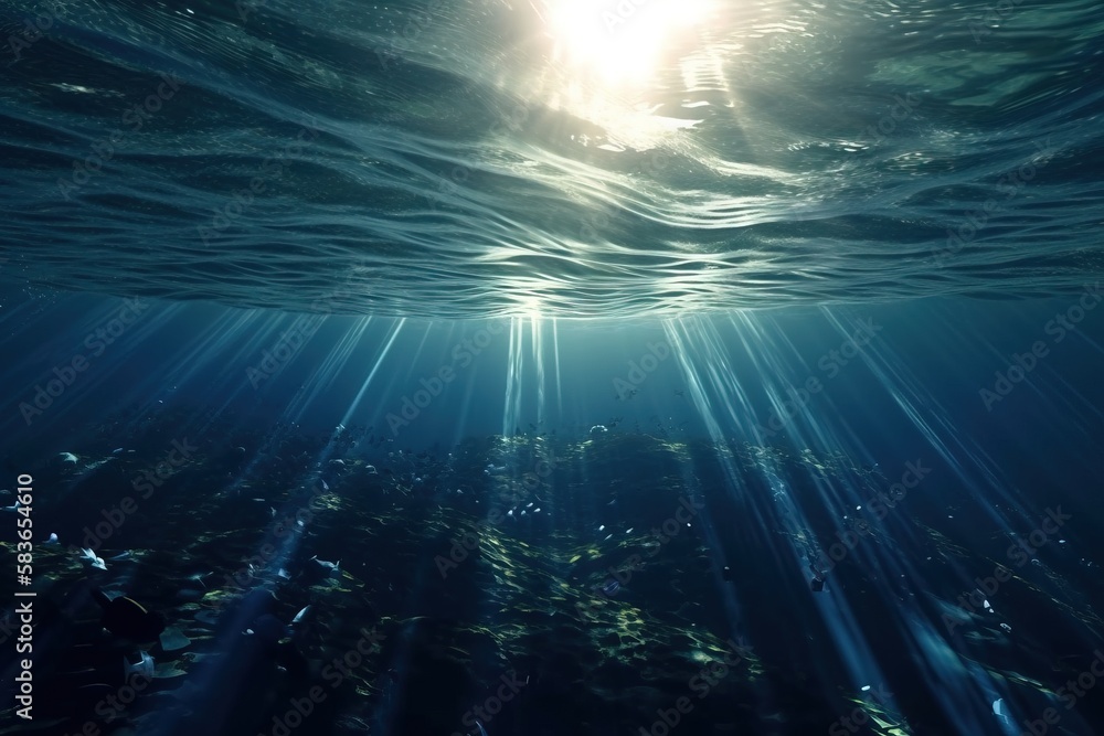 Poster the sun is shining through the water's water surface, creating a pattern on the surface of the water