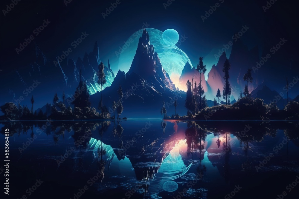 Poster a mountain with a lake in the middle of it and a sky filled with stars and planets in the background
