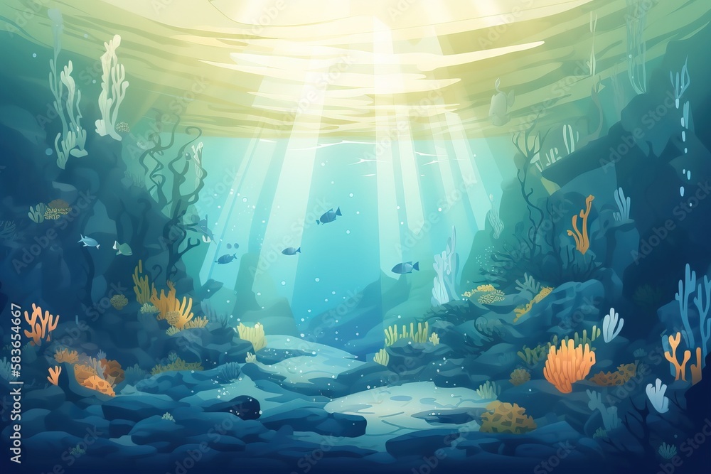 Poster an underwater scene with fish and corals in the water and sunlight coming through the water's bubble