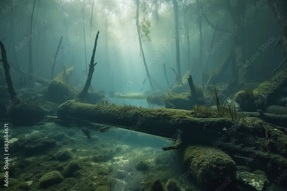 Poster a mossy forest with a fallen log in the middle of the water and sunlight streaming through the trees