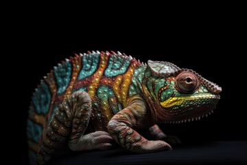 Obraz premium A curled up tail of a yemen chameleon isolated on a black background. AI generated