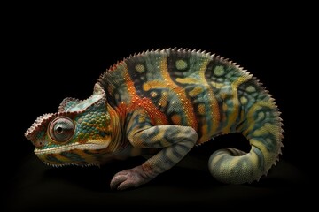 Fototapeta premium A curled up tail of a yemen chameleon isolated on a black background. AI generated