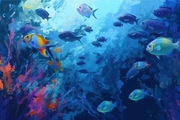 Plakat a painting of a group of fish swimming in the ocean with blue water and corals on the bottom of the water and bottom of the water. generative ai