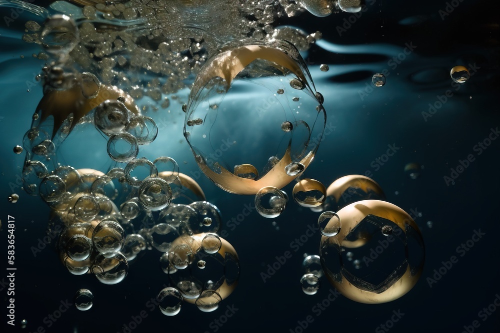 Poster a group of bubbles floating in the water with a dark background and a blue sky in the background wit