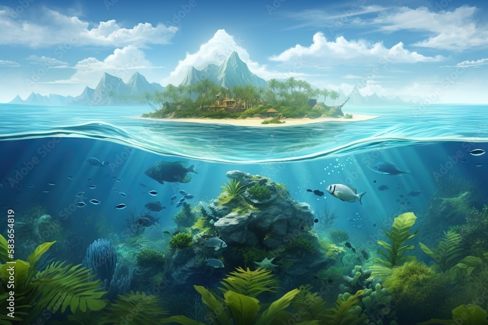 Poster an underwater scene with a small island in the middle of the ocean and fish swimming around it in th