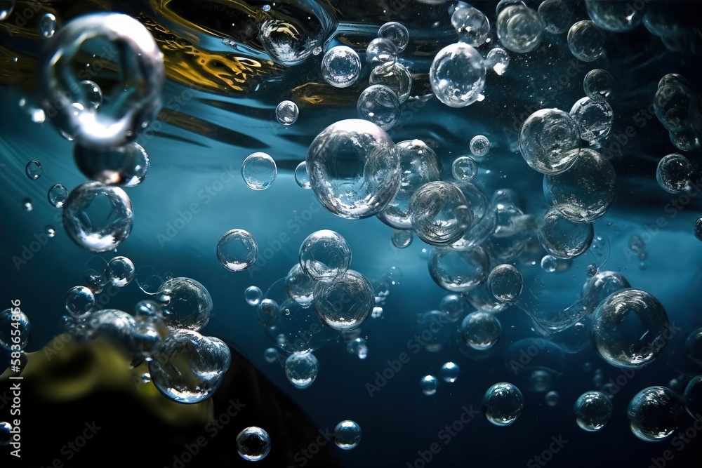 Poster a bunch of bubbles floating in a blue liquid filled with water on a black surface with a yellow obje