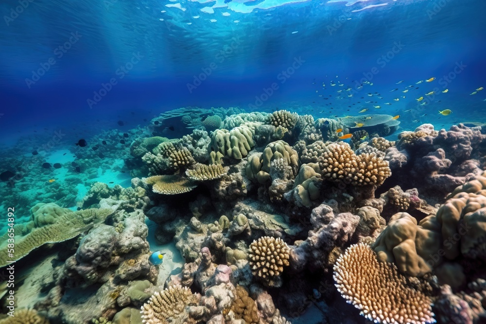 Poster an underwater view of a coral reef with many different types of corals and fish swimming around it o