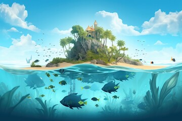 Fototapeta na wymiar an island in the ocean with a tower on top of a small island surrounded by fish and other marine life, with an underwater view of a coral reef and a. generative ai