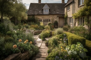 Fototapeta na wymiar A garden inspired by the English countryside, featuring rolling hills, wildflowers, and a charming stone cottage. Generative AI